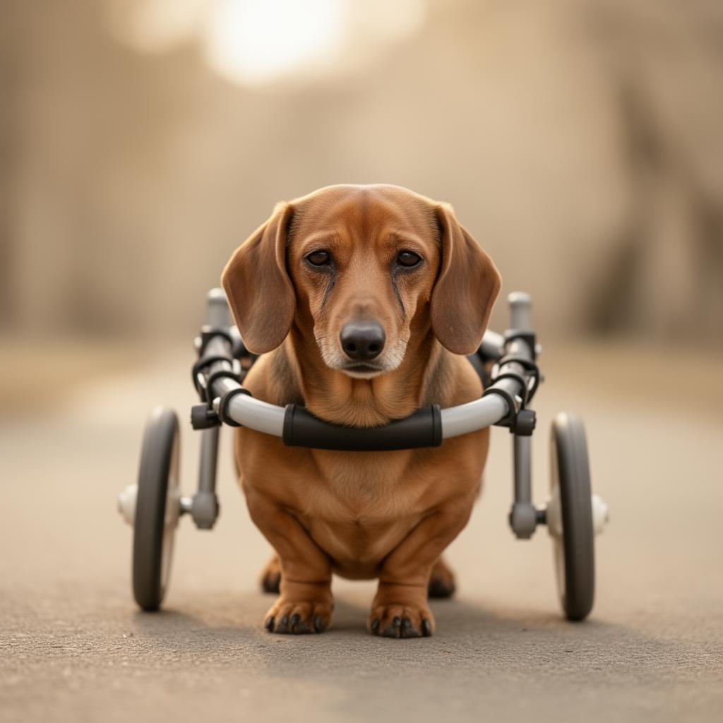 Salchicha usando una silla de ruedas para perros